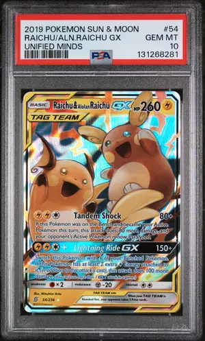 Raichu & Alolan Raichu GX, PSA 10 GEM MINT